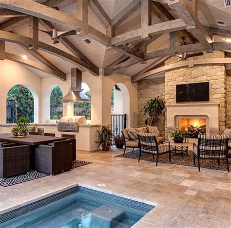 Covered Patio With Fireplace Outdoor Kitchen And Inground Hot Tub