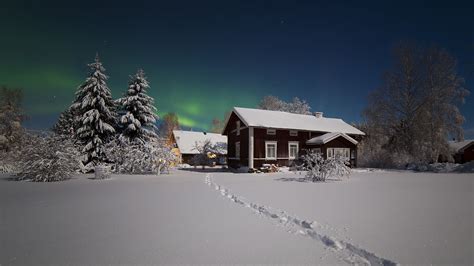 Download Wallpaper 2048x1152 Northern Lights Winter Snow House