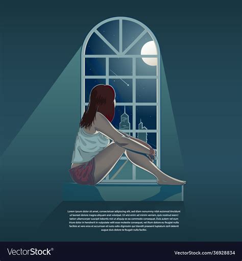 Girl Looking Out Through Window At Night Vector Image