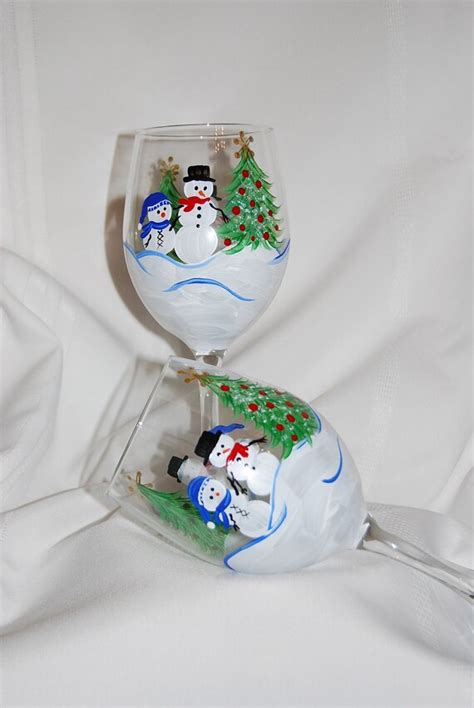 Snowman Wine Glasses Hand Painted Set Of Two Etsy