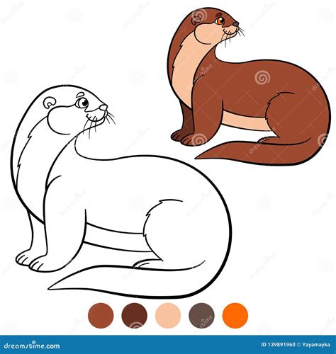 Coloring Page Little Cute Otter Smiles Vector Illustration