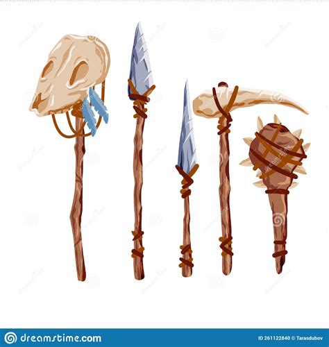 Set Of Prehistoric Weapons Spear Bow Torch Illustration On White