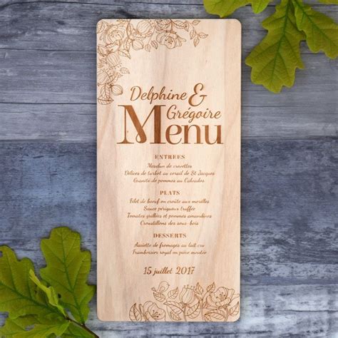 Un menu mariage assorti au faire part mariage nature bois darkwood. Menu de mariage sur bois - Floral Art Nouveau