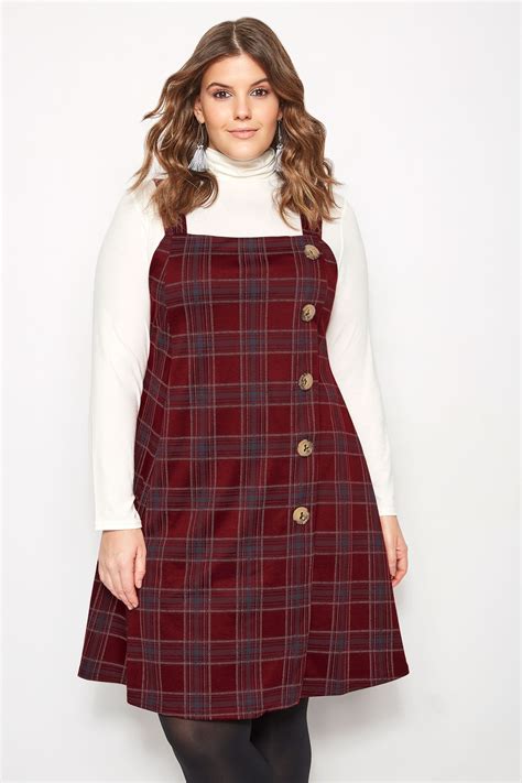 Limited Collection Red Check Button Pinafore Dress Plus Size 16 To 32