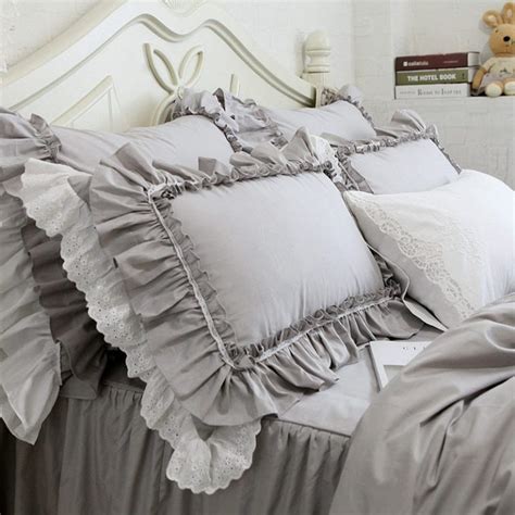 best 2pcs pillow case european grey luxury embroidered big lace ruffle pillowcase handmade