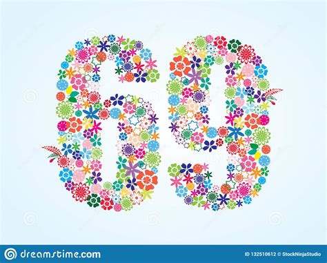 Vector Colorful Floral 69 Number Design Isolated On White Background