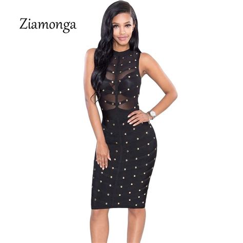 Ziamonga Women Sexy Bodycon Dress Rivet Mesh Patchwork Party Dresses Women Vestido Robe Summer