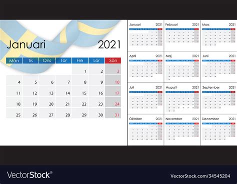 Simple Calendar 2021 On Swedish Language Week Vector Image