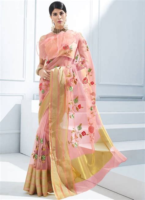 Pink Embroidered Tissue Saree With Blouse Shangrila Designer