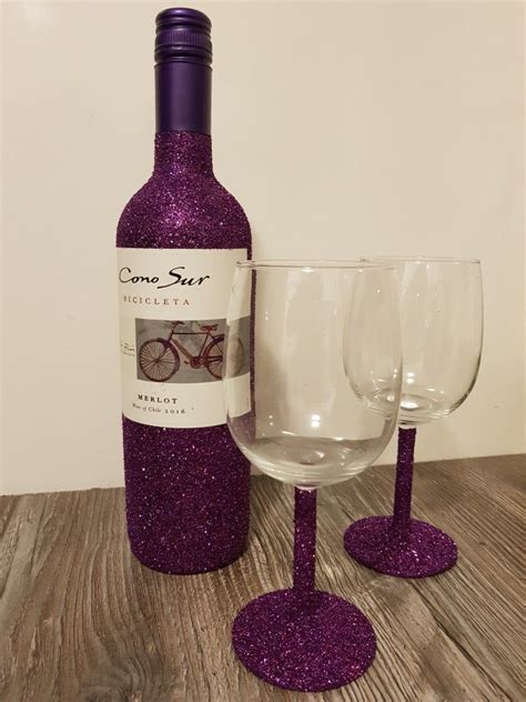 Purple Glitter Wine Bottle Glasses Paars Wijn Glazen Fles Wine Bottle Diy Wine Glasses