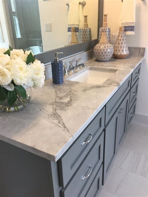 Master Bathroom Cabinet Color With Grey Goose Quartzite Countertops
