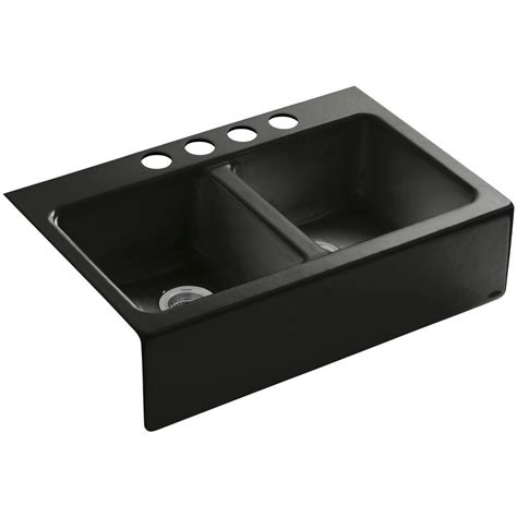 Though handmade, the fireclay double bowl farmhouse sink has a smooth and glossy finish that looks elegant. KOHLER Hawthorne Undermount Farmhouse Apron-Front Cast ...