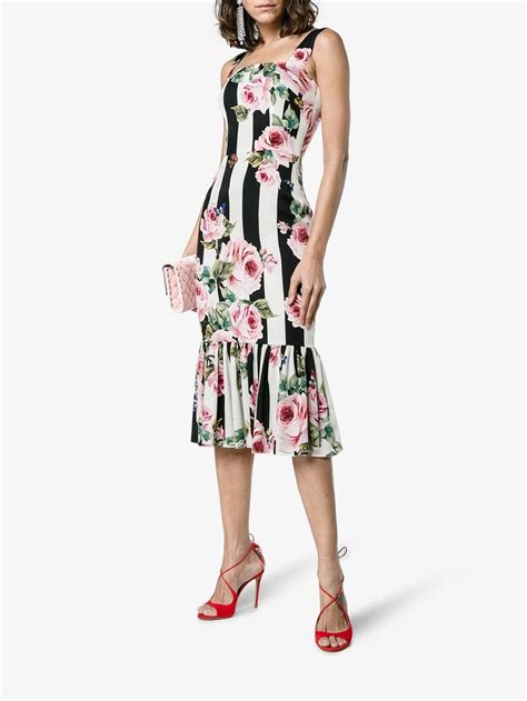 Dolce And Gabbana Rose And Stripe Print Silk Dress Browns Silk Print