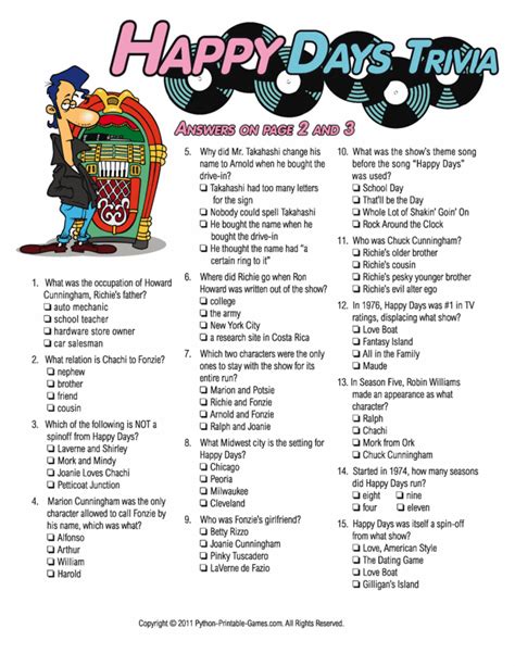 Happy Days Trivia Birthday Party Games 60th Birthday Party 40th