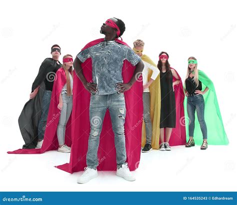 Stylish Guy In A Superhero Cape Standing In Front Of His Team Stock Image Image Of Male