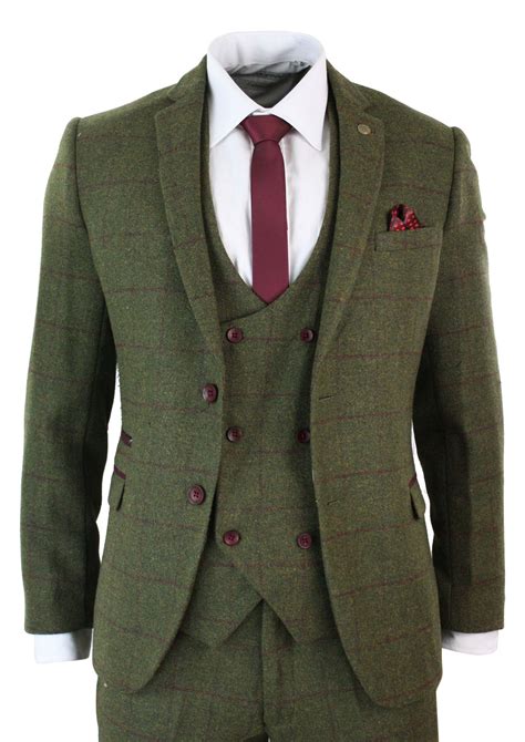Mens 3 Piece Herringbone Tweed Olive Green Wine Check Suit Tailored Fit