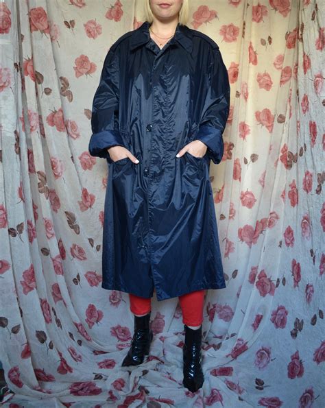 vintage navy nylon duster rain coat trench coat etsy