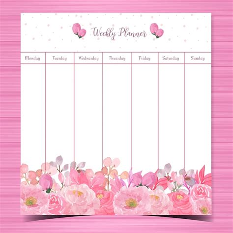 Floral Weekly Planner With Gorgeous Pink Roses Premium Vector