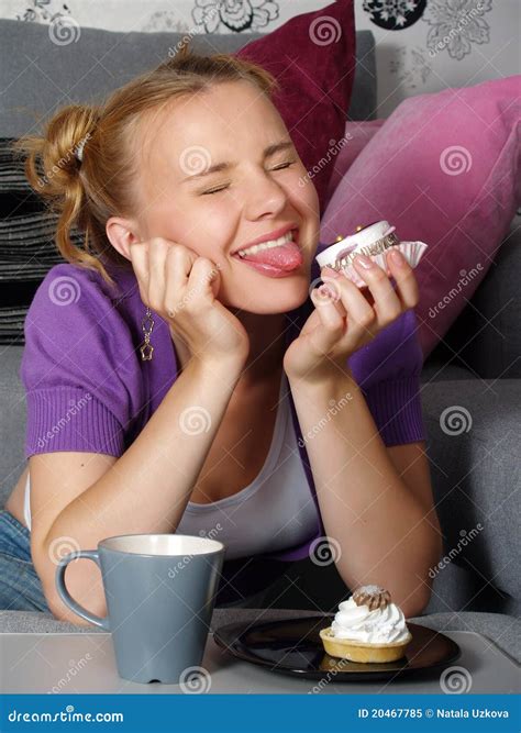 The Beautiful Girl Tries A Pie Blindly Stock Image Image Of Cake