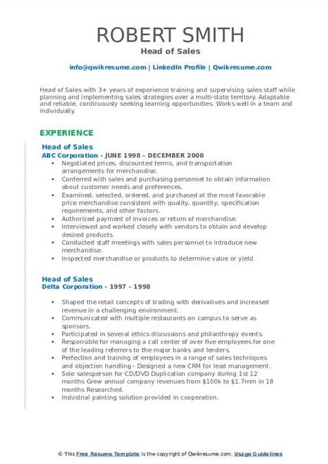 Head Of Sales Resume Samples Qwikresume