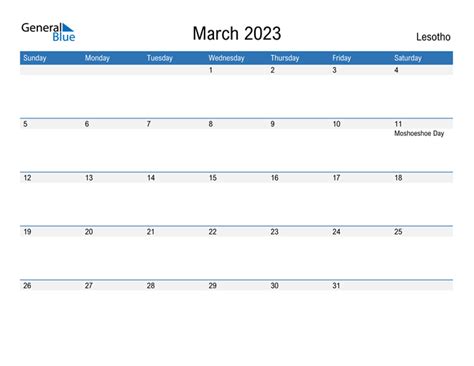 March 2023 Calendar With Lesotho Holidays