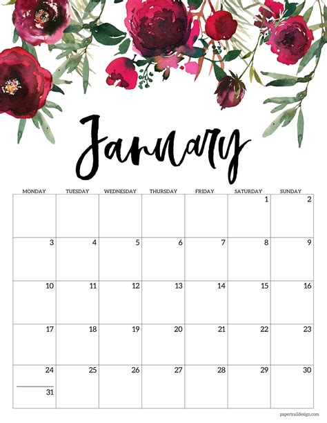 Free Printable 2022 Floral Calendar Monday Start Paper Trail Design