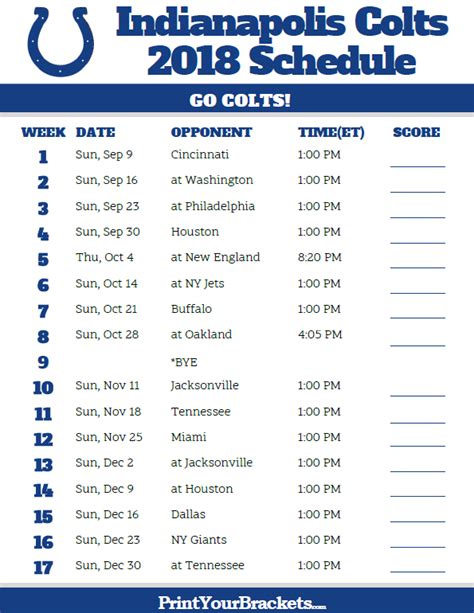 Printable 2018 Indianapolis Colts Football Schedule Indianapolis