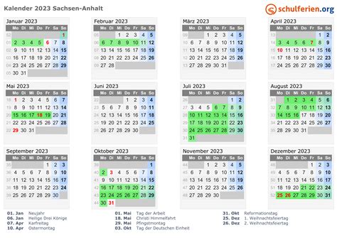 Kalender 2023 Ferien Sachsen Anhalt Feiertage