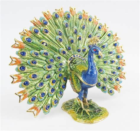 Peacock Fantail Jewelled Bird Trinket Box Enamelled Ebay