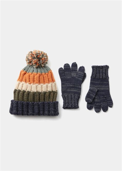 Boys 2 Piece Multicoloured Stripe Bobble Hat And Gloves Set 3 10yrs