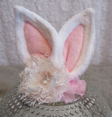 White And Pink Super Soft Fleece Bunny Ears Shabby Chic