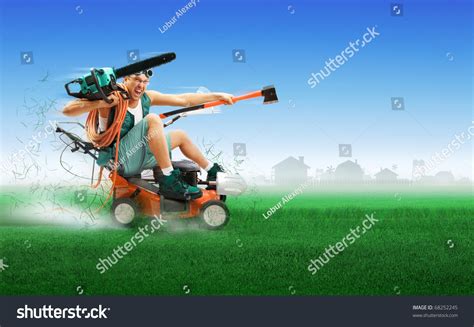 Crazy Workman Covered Instruments Driving Lawn Stock Photo 68252245