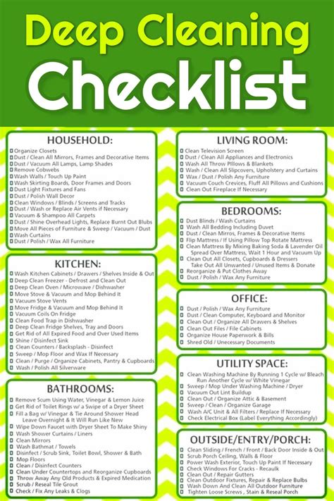 A Green And White Checklist With The Words Deep Clean Checklist Written