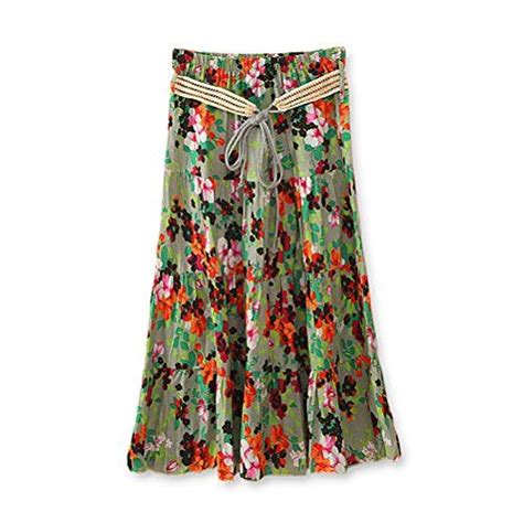 Tton Women S Bohemian Floral Pleated Flax Midi Skirt Dress With Belt S Boho Style Skirts
