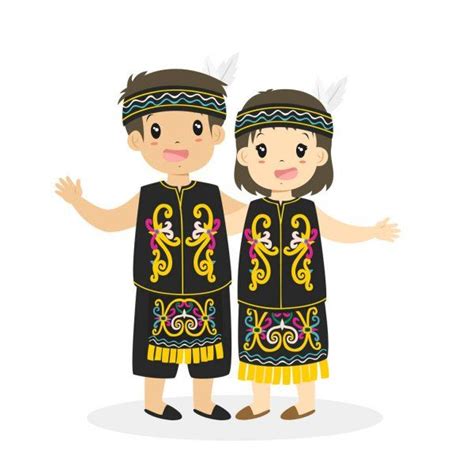 Kids In Dayak Traditional Dress Cartoon Vector — Stock Illustration In