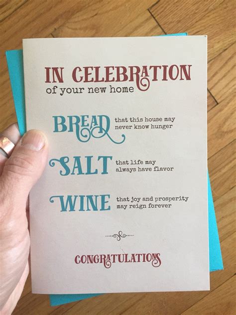 Housewarming Card With Bread Salt Wine Quote New Home Card First Home