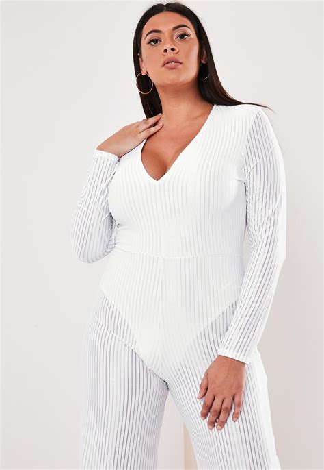 Plus Size White Sheer Panel Ribbed Wide Leg Jumpsuit Missguided