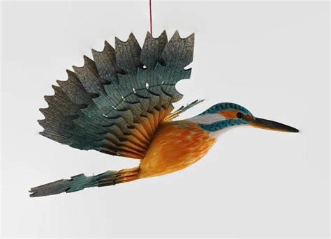 Wooden Bird Hand Carved Kingfisher Fan Bird Mobile Wood Anniversary