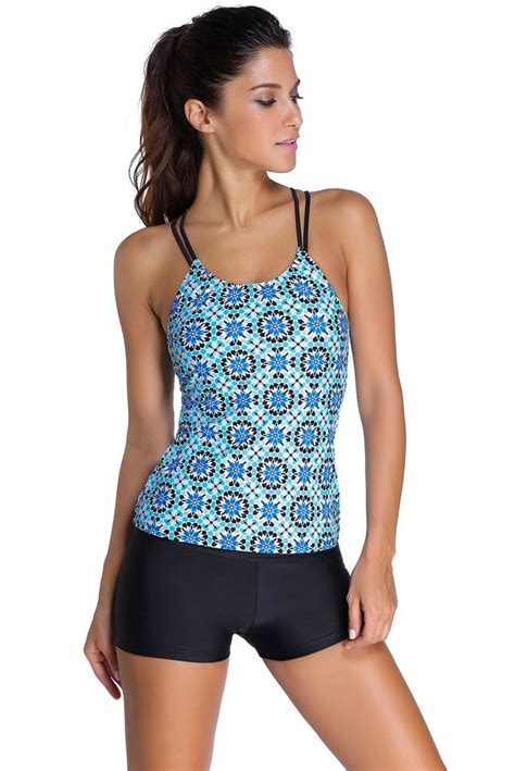 Her Modest Bluish Patterned Shirr Tankini With Square Shorts Swimsuit