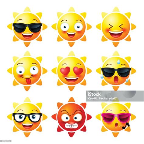 Sun Smiley Face Icons Or Yellow Emoticons With Emotional Funny Faces In