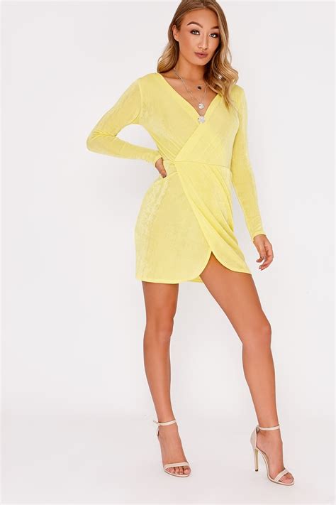 Yellow Slinky Plunge Wrap Mini Dress In The Style
