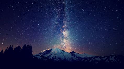 Sky Stars Mountain Trees Night Wallpapers Hd Desktop