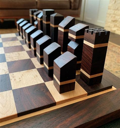 Handmade Wood Modern Chess Board And Set One Of A Kind Etsy Chess