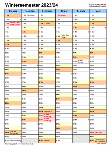 Semesterkalender 202324 Für Word Zum Ausdrucken