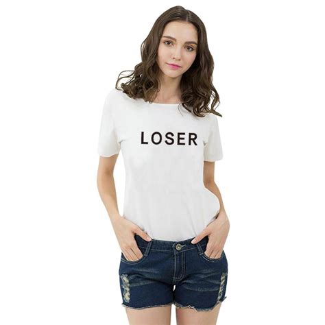 H925 2016 Fashion Letters Print T Shirt Women Casual O Neck White T Shirt Tee Loser Printed