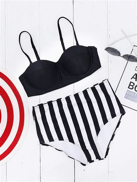 Vertical Striped High Waist Bustier Bikini Set Sheinsheinside