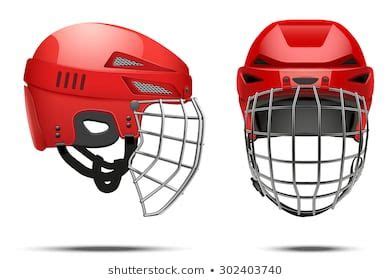 Sports vector footage of a hockey helmet with a cage. Classic Red Goalkeeper Hockey Helmet with metal protect visor. Front and side view. Sports ...