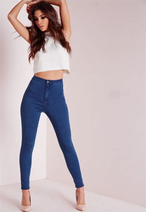 Vice High Waisted Skinny Jeans Mid Blue Denim Jeans Missguided Garotas Magras Poses