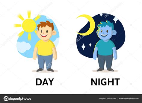 Words Day And Night Flashcard With Cartoon Characters Opposite