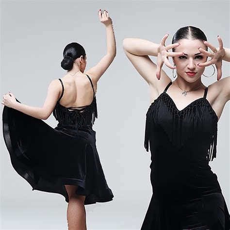 Sexy Latin Dance Dress For Woman Black S Xl Size Velvet Tassel Long